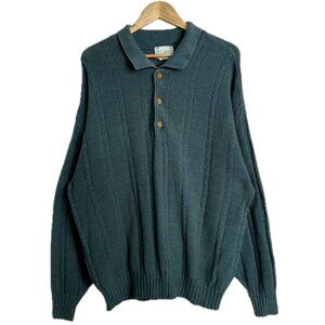 Vintage Sweater Men Large Green Polo Textured Knit Cotton 80s 90s Golf Grandpa